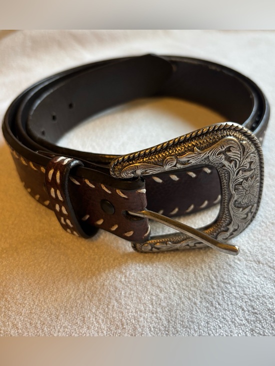 None Other - Western Style 42” Brown Leather Belt with Silver Buckle